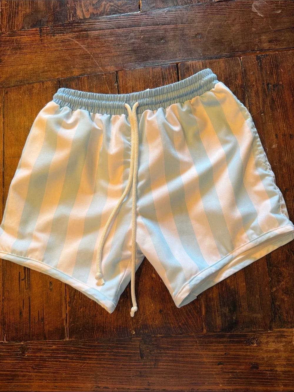 Little Lamb & CO Light Blue & White Striped Swim Shorts with Drawstring-Size 7/8